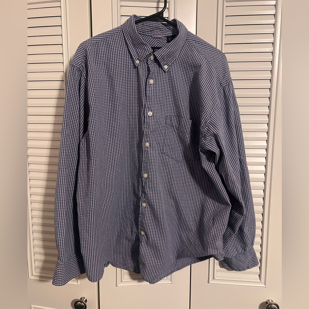 Men’s 100% Cotton Izod Navy Checkered Button Down Shirt Size L